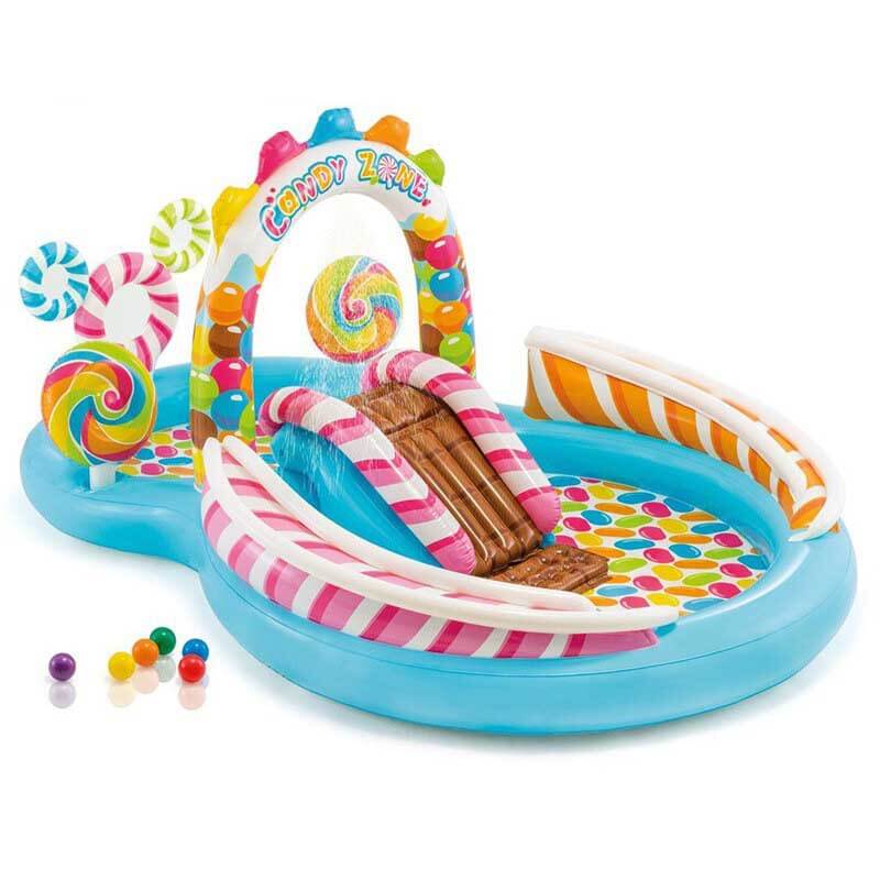 Close-up of the sprinkler feature on an inflatable kiddie pool, creating a water park experience.