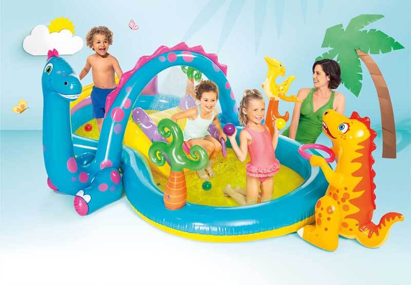 Brightly colored inflatable kiddie pool with gentle splash sprinklers for safe water play.