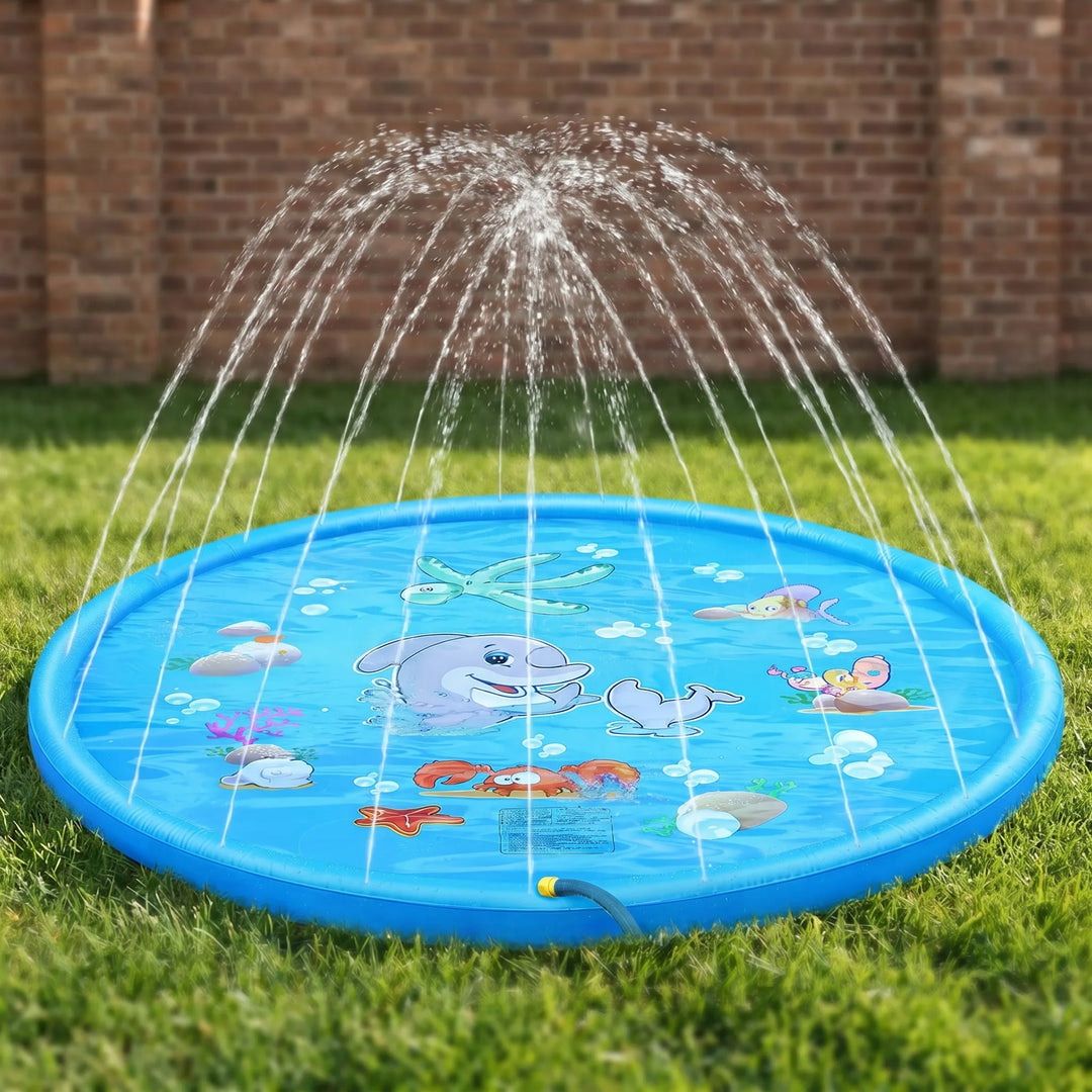 Kids' inflatable sprinkler mat with playful design, perfect for outdoor summer water fun & splash pad activity.