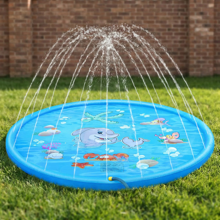 Kids' inflatable sprinkler mat with playful design, perfect for outdoor summer water fun & splash pad activity.