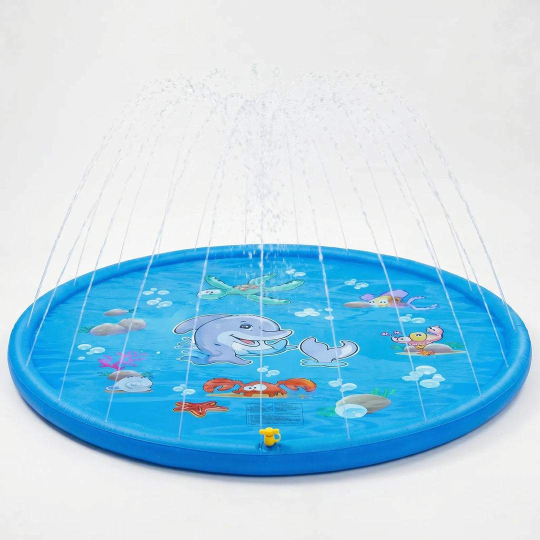 Children laughing & playing on a vibrant inflatable splash pad, enjoying cool backyard water fun on a hot summer day.