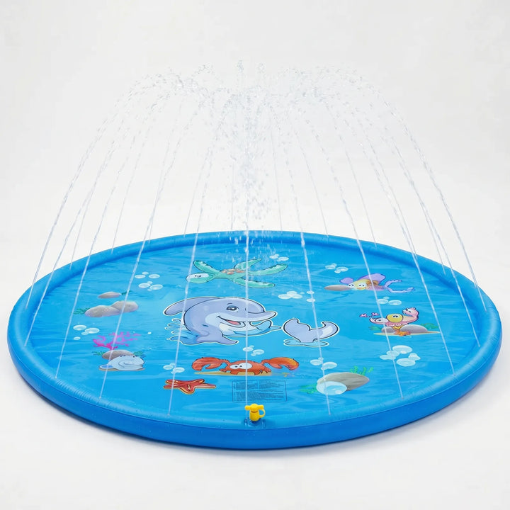 Children laughing & playing on a vibrant inflatable splash pad, enjoying cool backyard water fun on a hot summer day.
