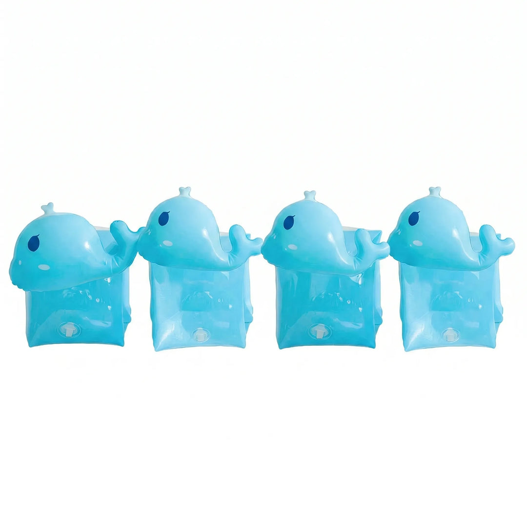 Pair of kids' inflatable swim armbands with playful designs, essential for water safety & learning.