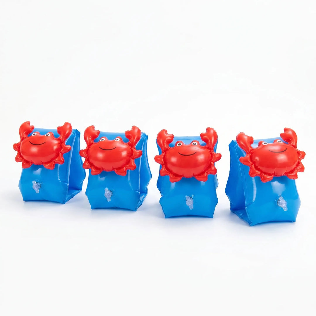 Brightly colored kids' inflatable armbands with fun characters, enhancing visibility & safety.
