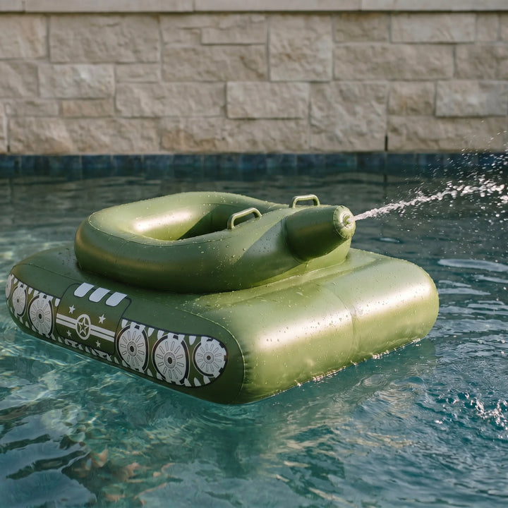 Kids' inflatable tank pool float with a working water cannon for summer fun. Perfect for outdoor water games.