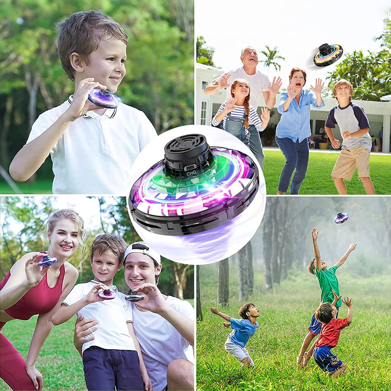 Child playing with a Kids' Infrared Sensor Flying UFO RC Drone Toy, showing vibrant lights and design