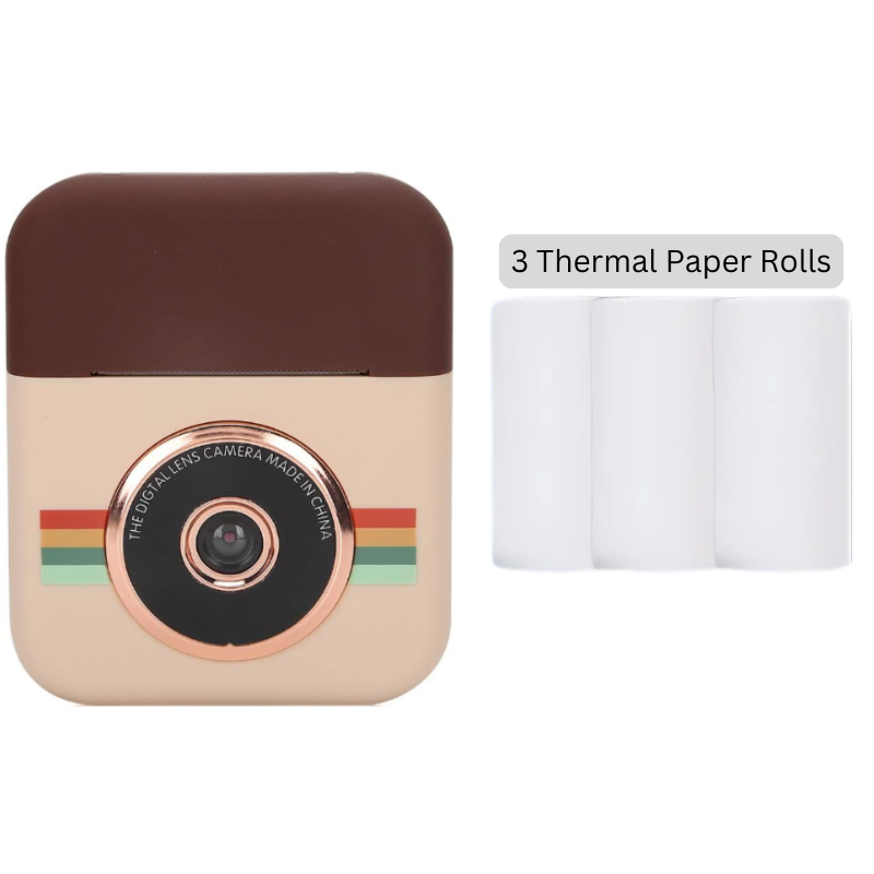Close-up of a kids' toy camera with instant print thermal paper output, encouraging photography