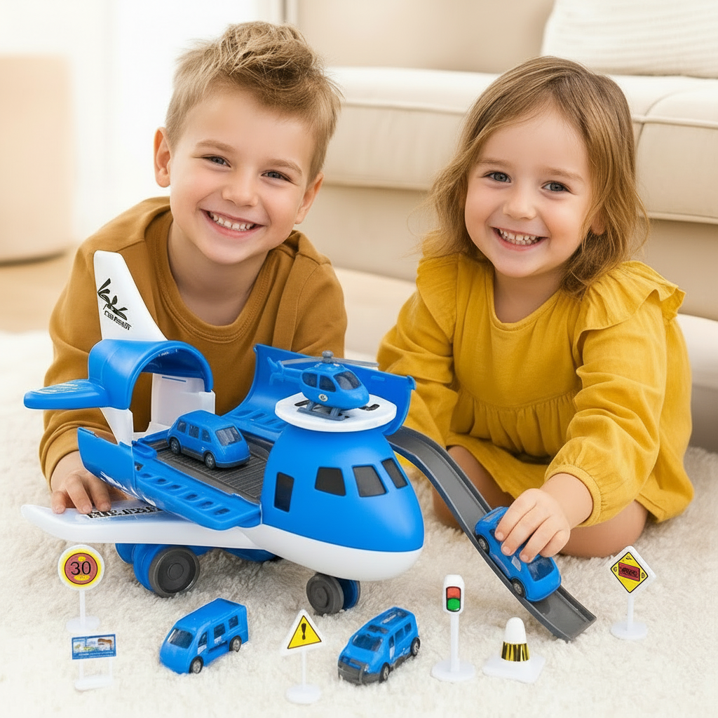 Kids' interactive airport play set with toy planes, cars, and helipad for imaginative play