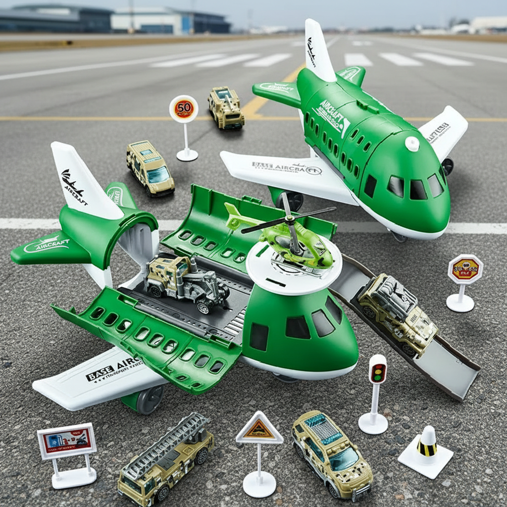 Adventure-themed kids' airport play set, with toy jets, buses, and a control tower