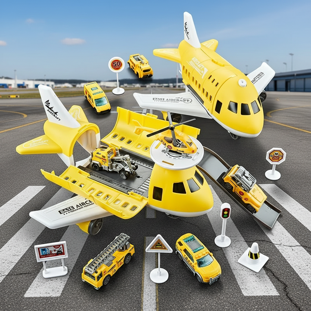 Robust construction toy airport for kids, with toy planes, cars, and interactive elements