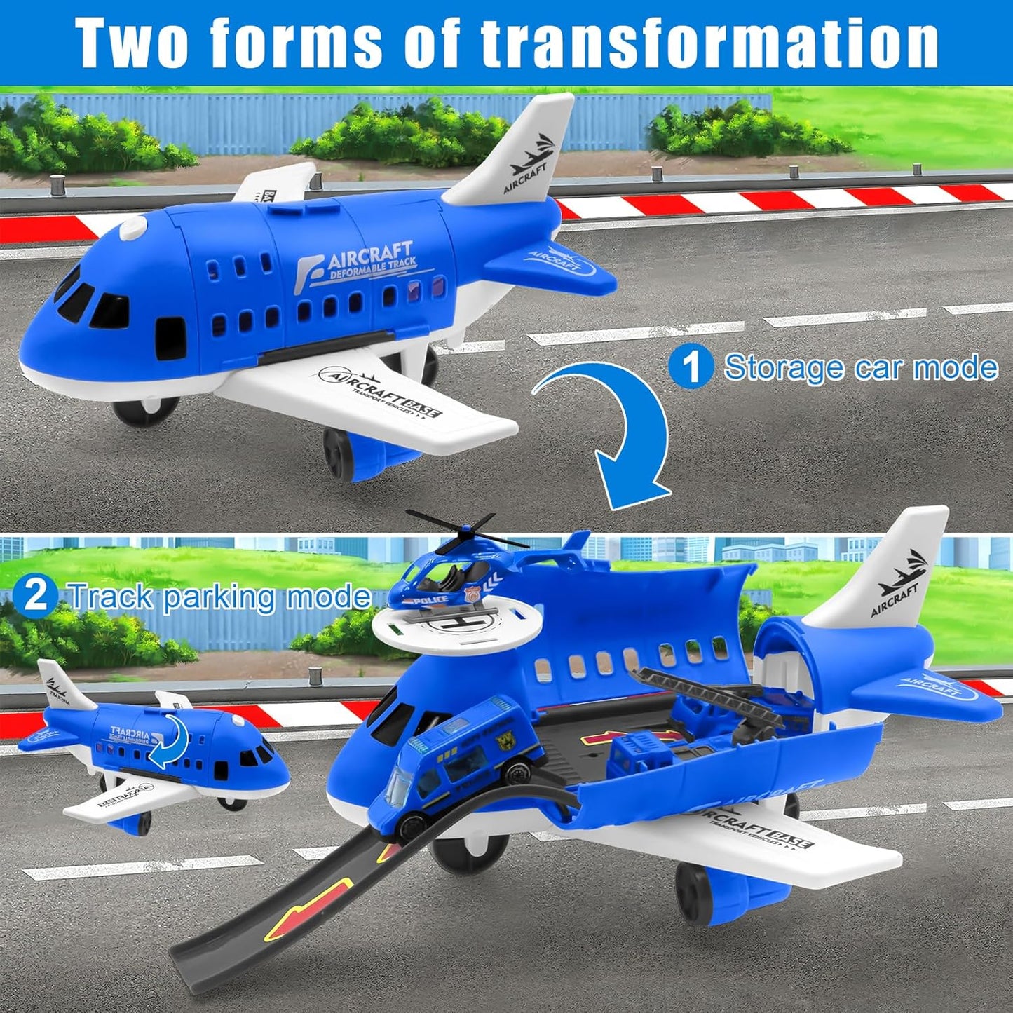 Colorful construction toy airport set with runways, vehicles, and a baggage claim for children