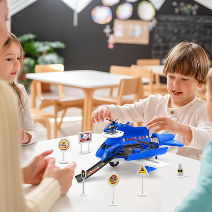 Indoor kids' airport playset, complete with aircraft, ground support vehicles, and passenger figures