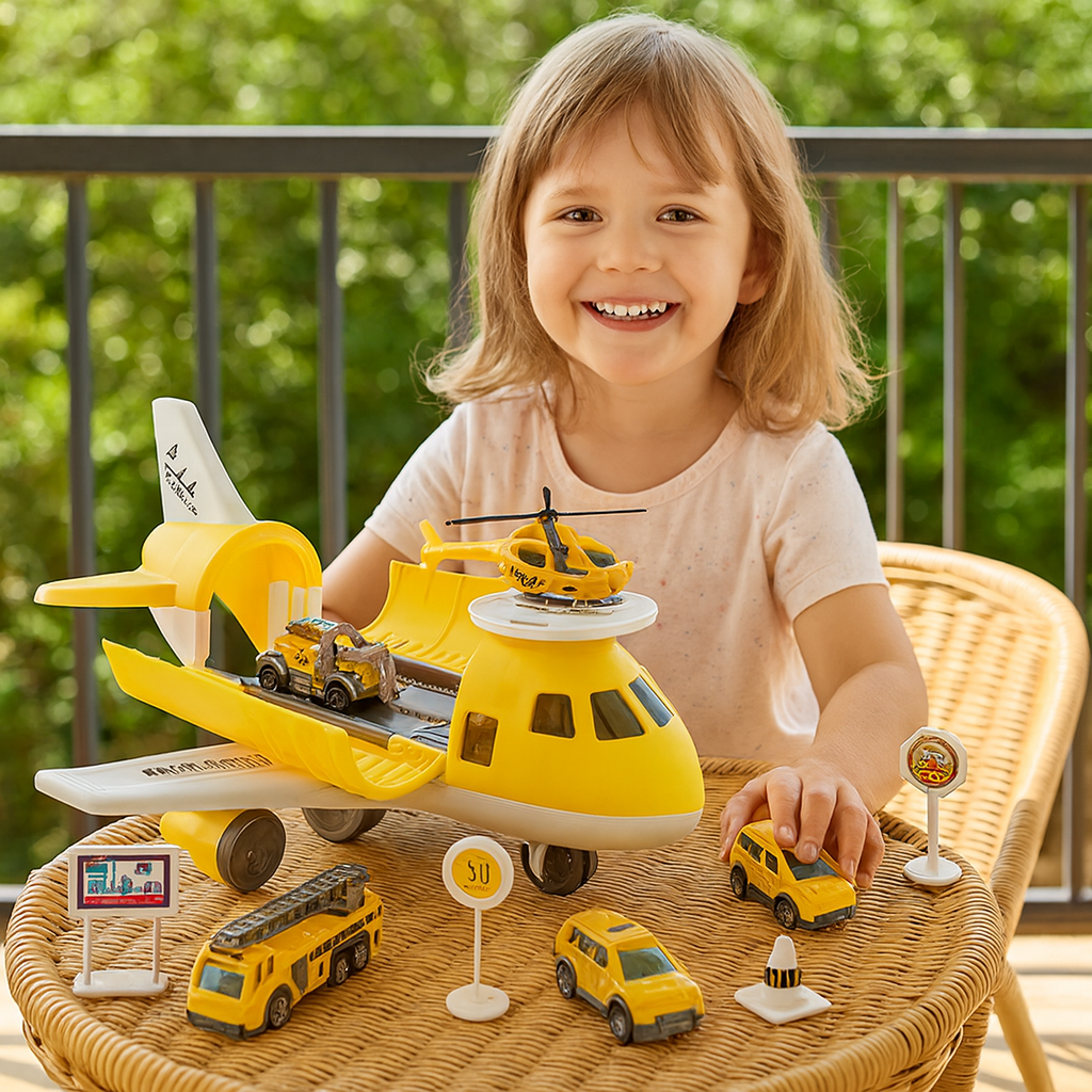 Outdoor-friendly children's airport playset, durable toy vehicles and interactive features