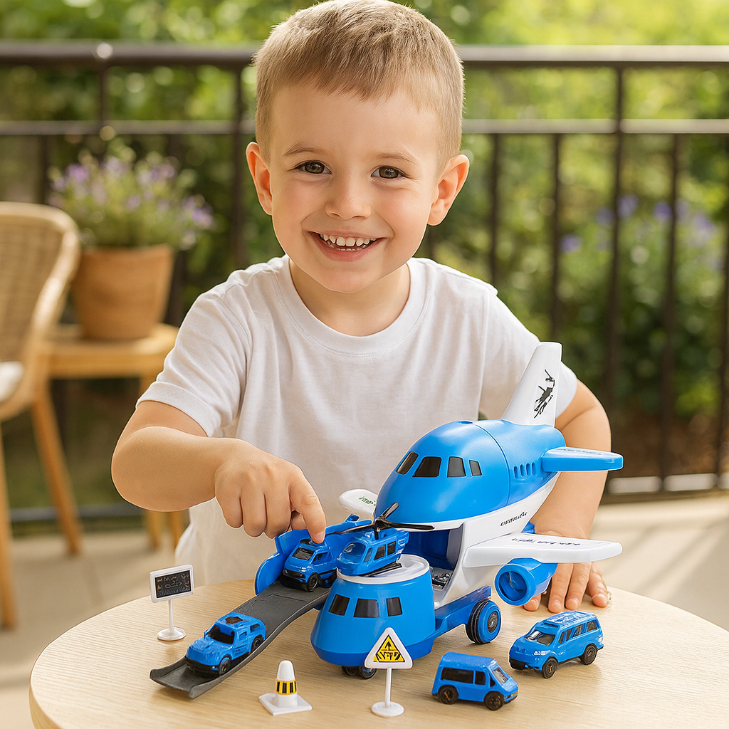 Detailed airport playset for kids, includes toy airplanes, cargo trucks, and a realistic terminal