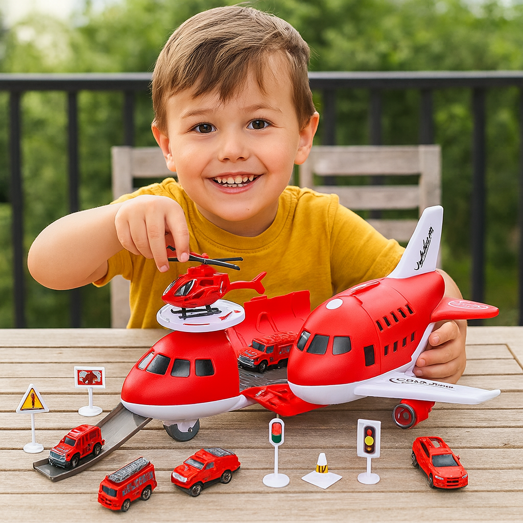 Imaginative kids' toy airport with multiple vehicles, fostering creativity and motor skills
