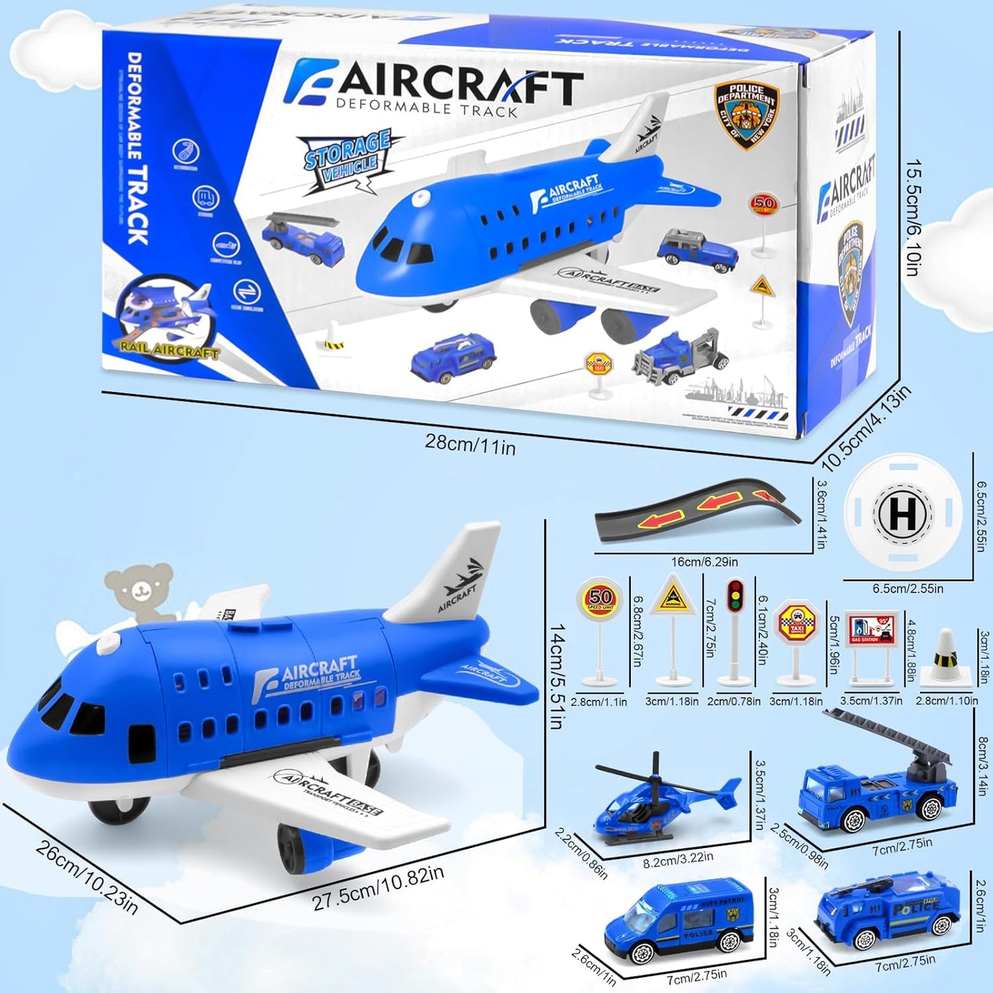 Complete airport playset for kids, featuring runways, taxiways, and various toy transportation