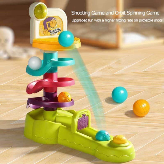 Kids' interactive ball shooting game with colorful spinning targets, promoting early learning & motor skills