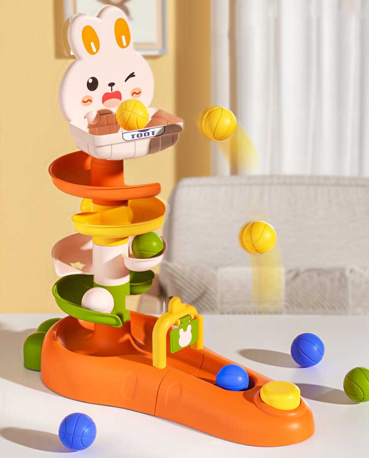 Early learning interactive game playset for toddlers, featuring a ball shooter and fun spinning elements