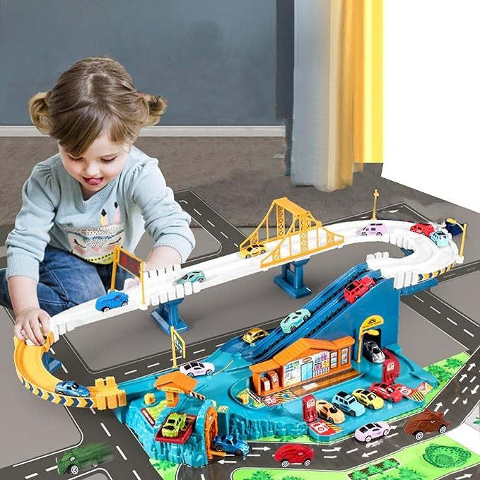 Kids' interactive car play track set with dinosaur theme for educational play, toy vehicles.