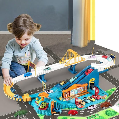 Kids' interactive car play track set with dinosaur theme for educational play, toy vehicles.