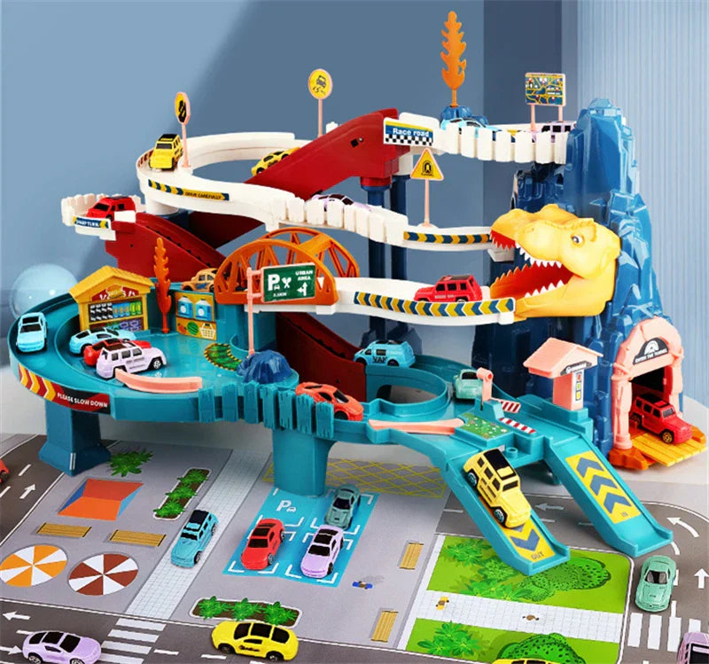 Children playing with an interactive car race track set featuring toy vehicles and dinosaur figures.