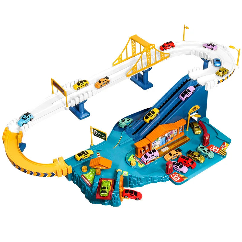 Close-up of a kids' dinosaur-themed car track set with toy race cars on the interactive play surface.