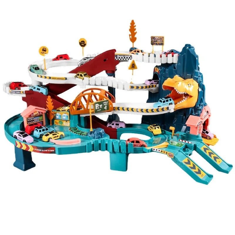 Overhead view of a complete kids' car play set, race track with multiple toy vehicles, educational.