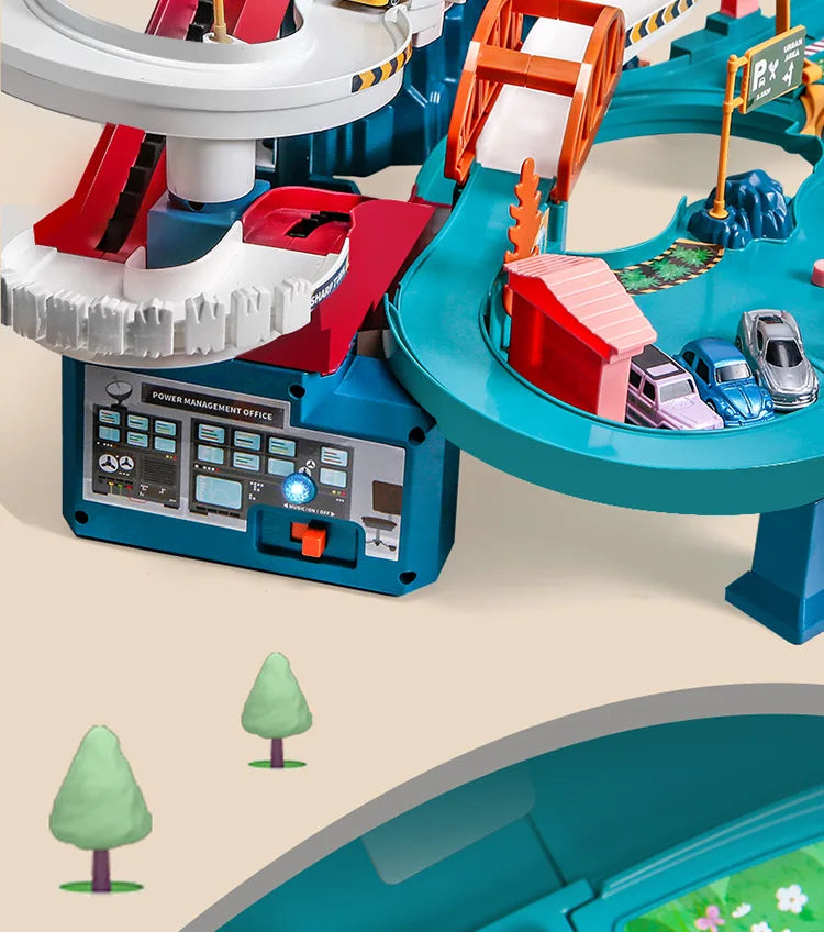 Hands assembling a colorful kids' interactive car track with dinosaur elements, fun play set.