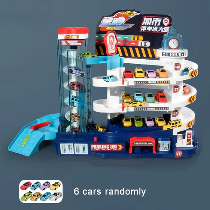 Two children deeply engaged in interactive play with a multi-level dinosaur car race track toy.