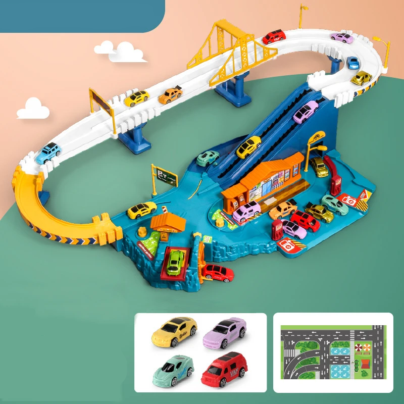 Detailed shot of a toy vehicle navigating the educational dinosaur car play track, kids' fun.