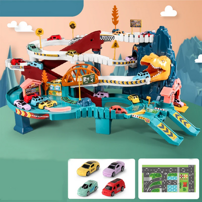 Kids' interactive car play track set, complete with toy vehicles and dinosaur figures for immersive play.