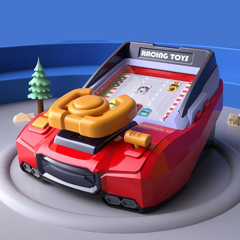 Close-up of a kids' car racing arcade game's steering wheel and buttons, highlighting controls