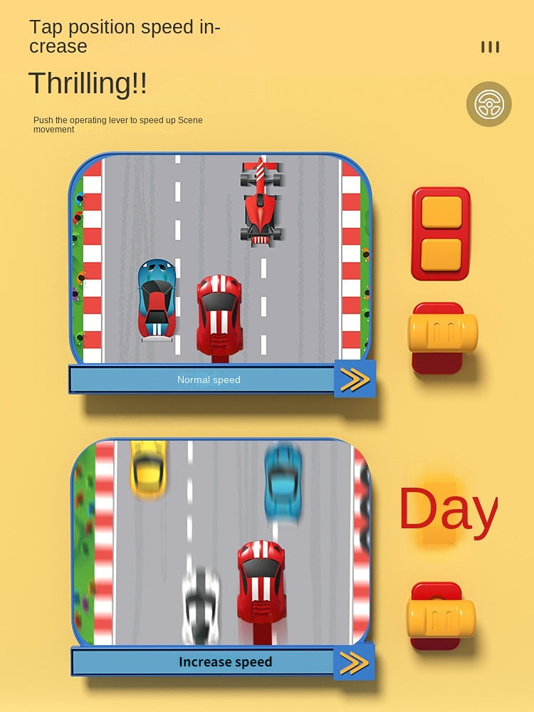 Two children enthusiastically playing a remote control car racing arcade game, smiling