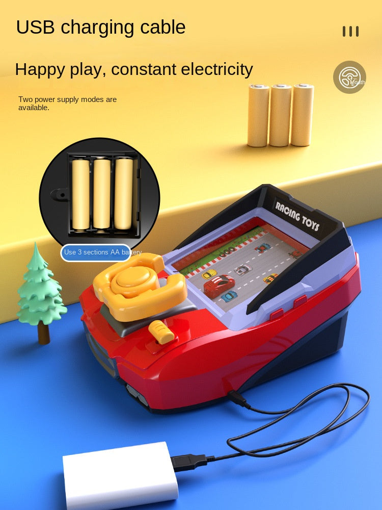 Action shot of kids' arcade racing game with cars on a digital track, fast-paced playtime