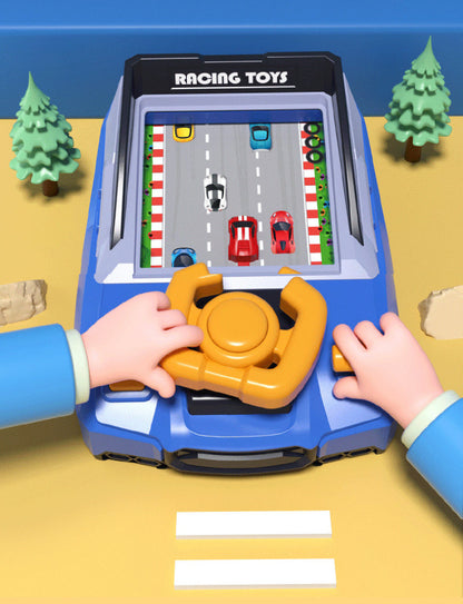Full view of a kids' racing arcade game in a home play area, ready for fun playtime