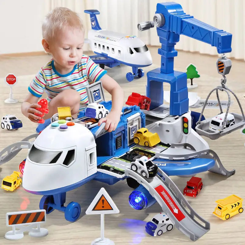 Kids' interactive cargo plane playset with included cars, promoting creative vehicle play.