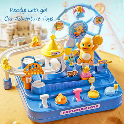 Kids' Interactive Dino Adventure Car Track Playset with gravity-powered cars on a winding track