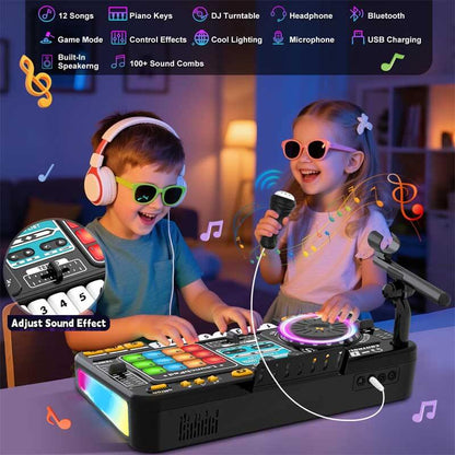 Toddler playing with a bright red DJ studio and karaoke toy, singing into the attached microphone