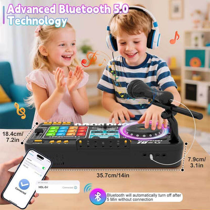 Close-up of a kids' karaoke machine & DJ studio toy demonstrating its many buttons and lights