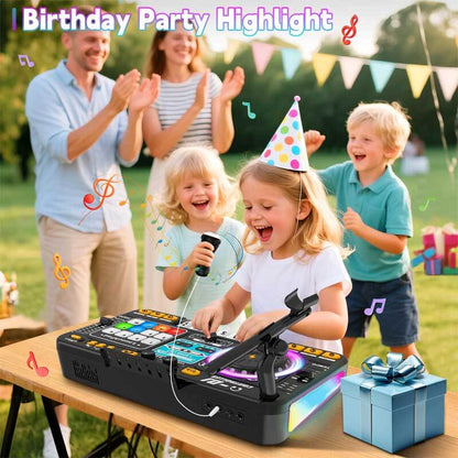 Side view of a kids' interactive DJ studio and karaoke toy highlighting its compact design
