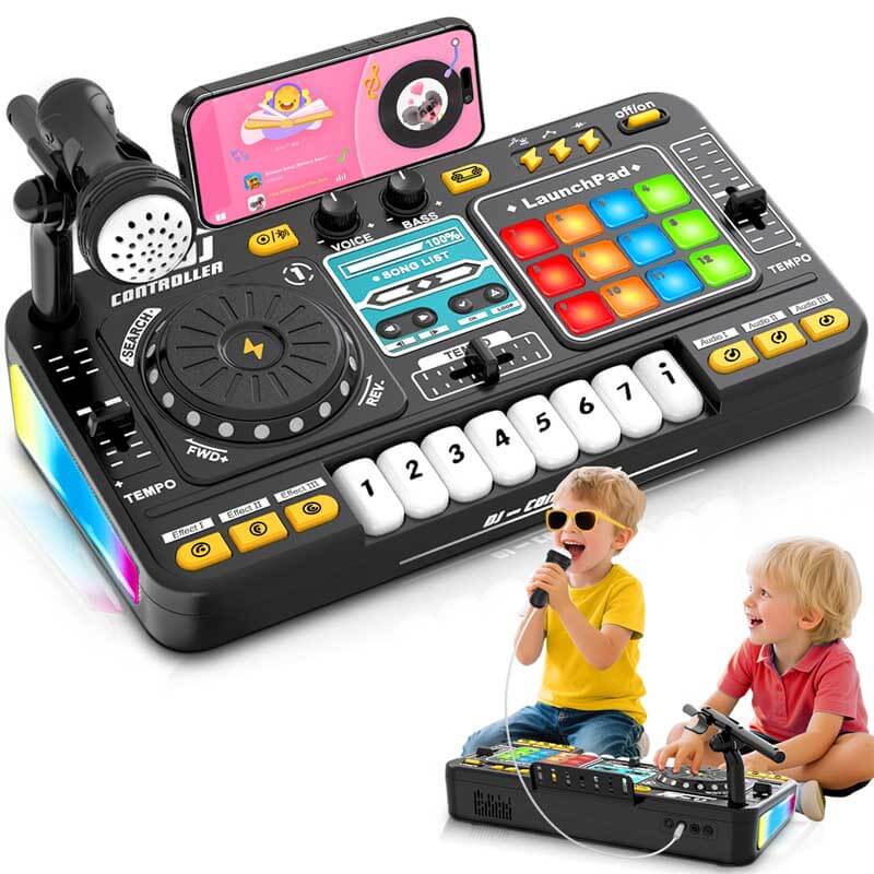 Happy child enjoying a kids' DJ studio & karaoke toy, fostering musical creativity and entertainment