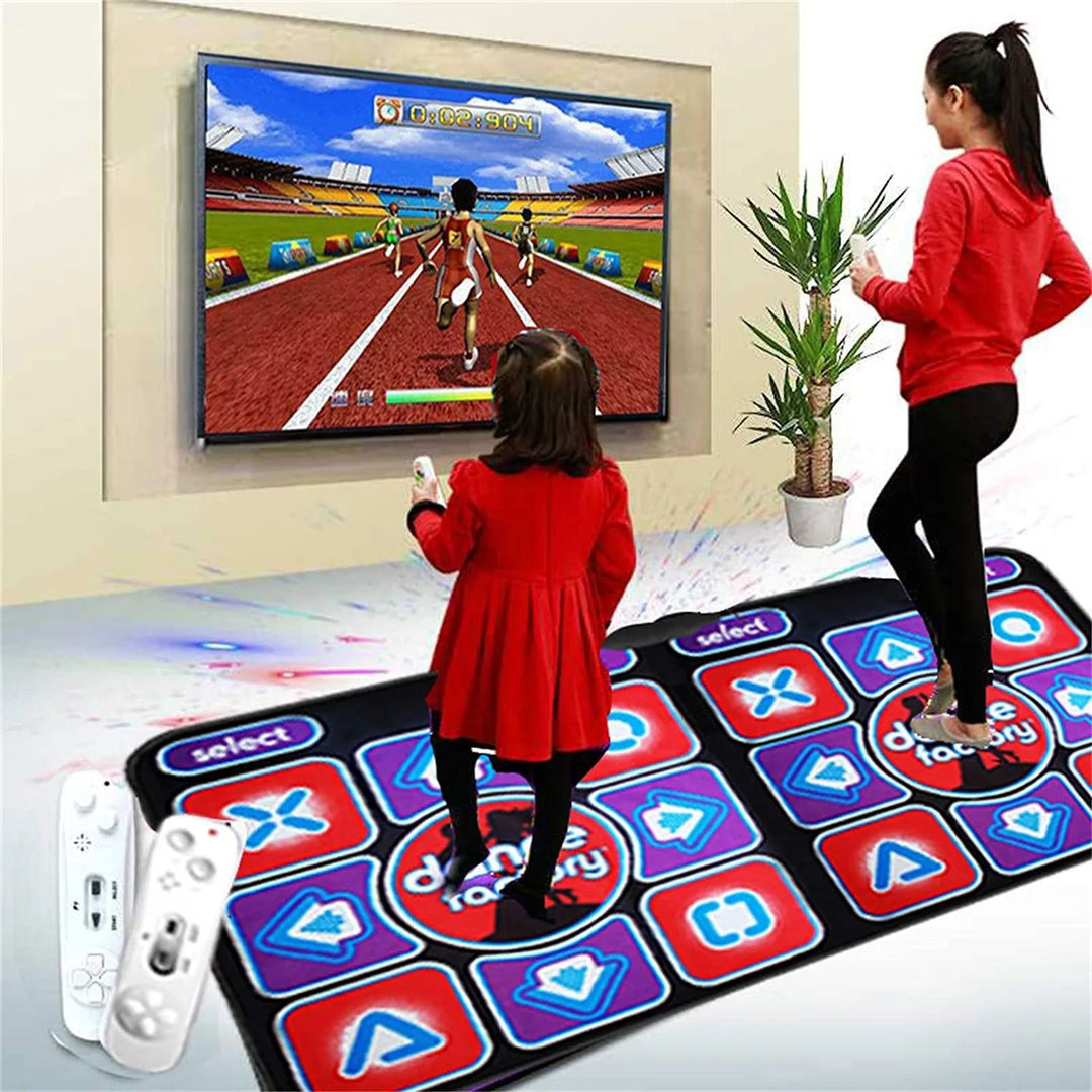 Kids' interactive double dance mat with remote, perfect for rhythm games & family fun.