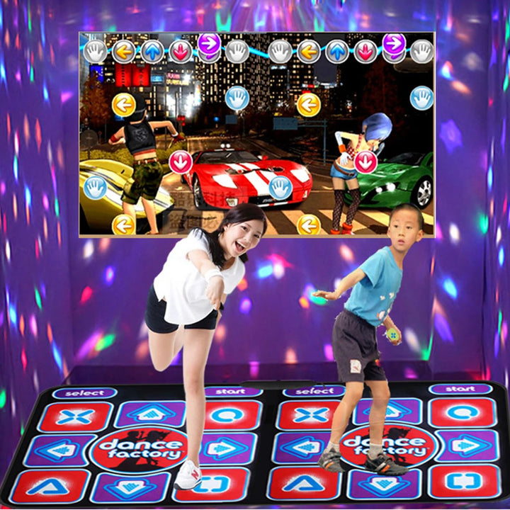 Children exercising on a vibrant double dance mat, a fun interactive rhythm game for active play.