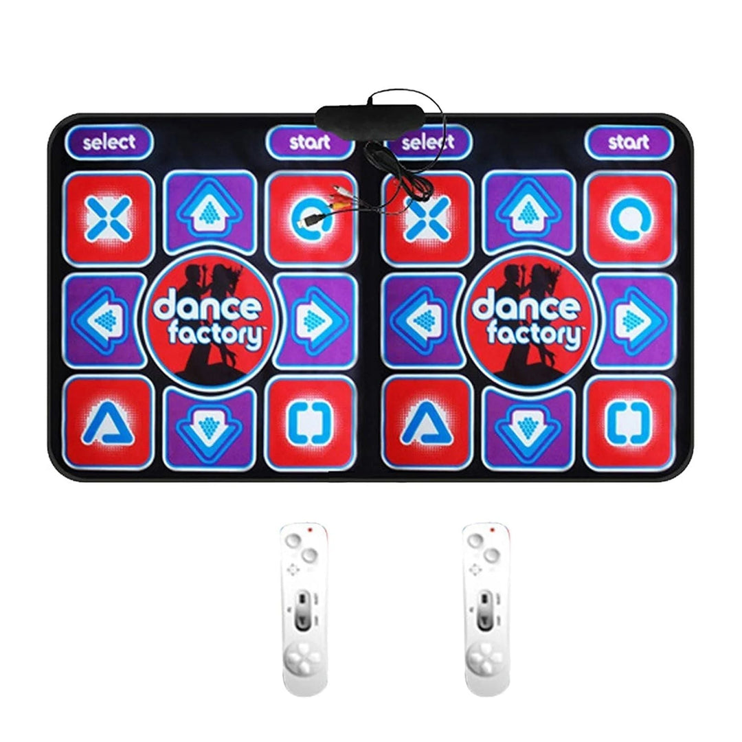 Family enjoying an interactive double dance mat, a fun rhythm game for kids' fitness & active play.