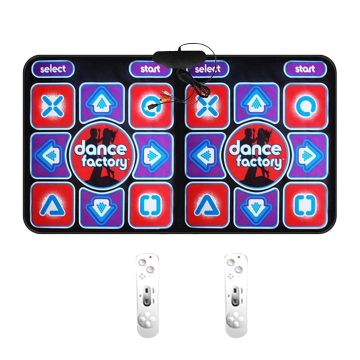 Family enjoying an interactive double dance mat, a fun rhythm game for kids' fitness & active play.