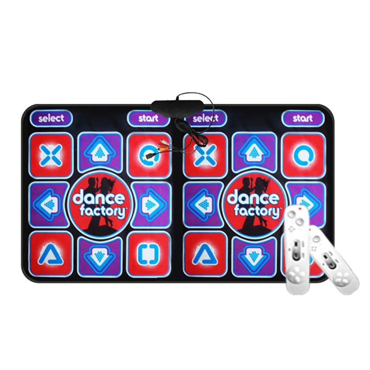 Two kids enthusiastically dancing on a bright double dance mat, promoting active play & rhythm skills.