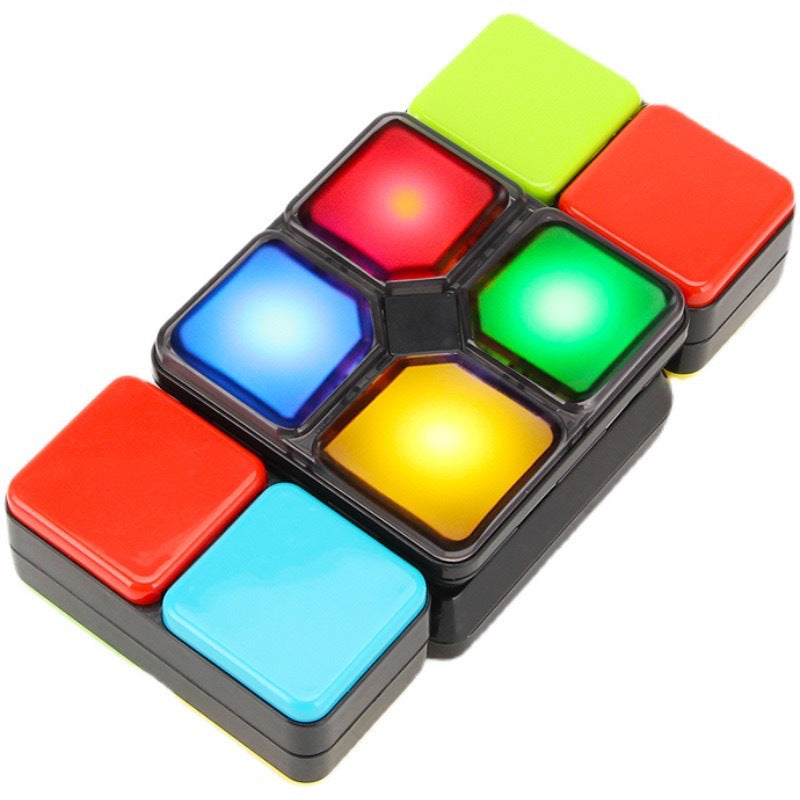Brightly colored plastic electronic Rubik's Cube, a brain teaser puzzle and educational kid toy