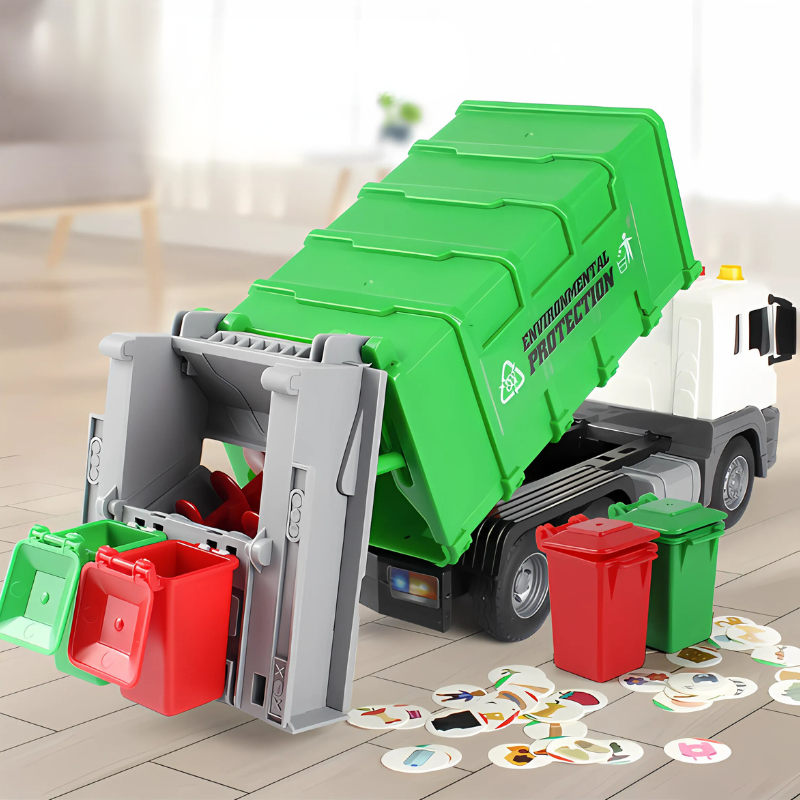 Kids' interactive green recycling truck toy with lights, sounds, and opening bin for educational play