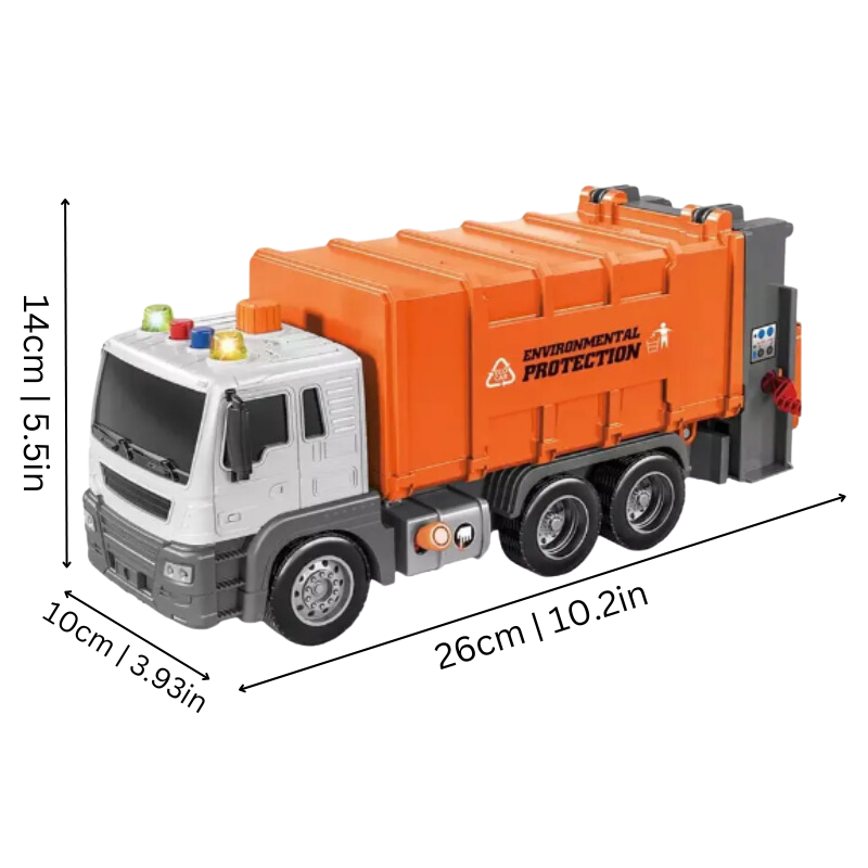 Toddler-friendly garbage truck toy with flashing lights & engine sounds for pretend recycling fun