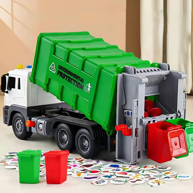Educational children's toy recycling truck with movable parts, lights & sounds, promoting eco-awareness